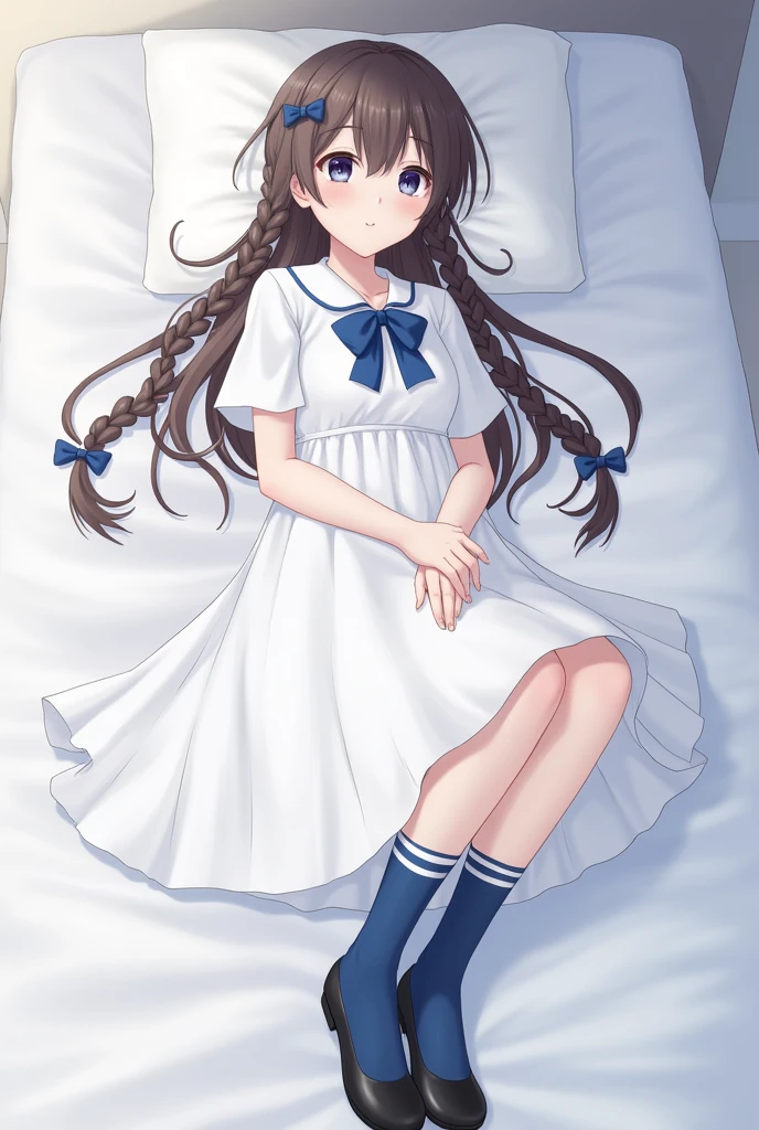 , Pale skin, dark blue eyes. Brown hair, bangs tied into two braids. Bangs up to her eyelids, She wears a black hairpin, Her dress is white with a blue bow around her neck., His socks are blue with a white stripe on the top., shoes are black. Her braids are finally tied with two small blue bows.. 1.30 tall, lying on a bed