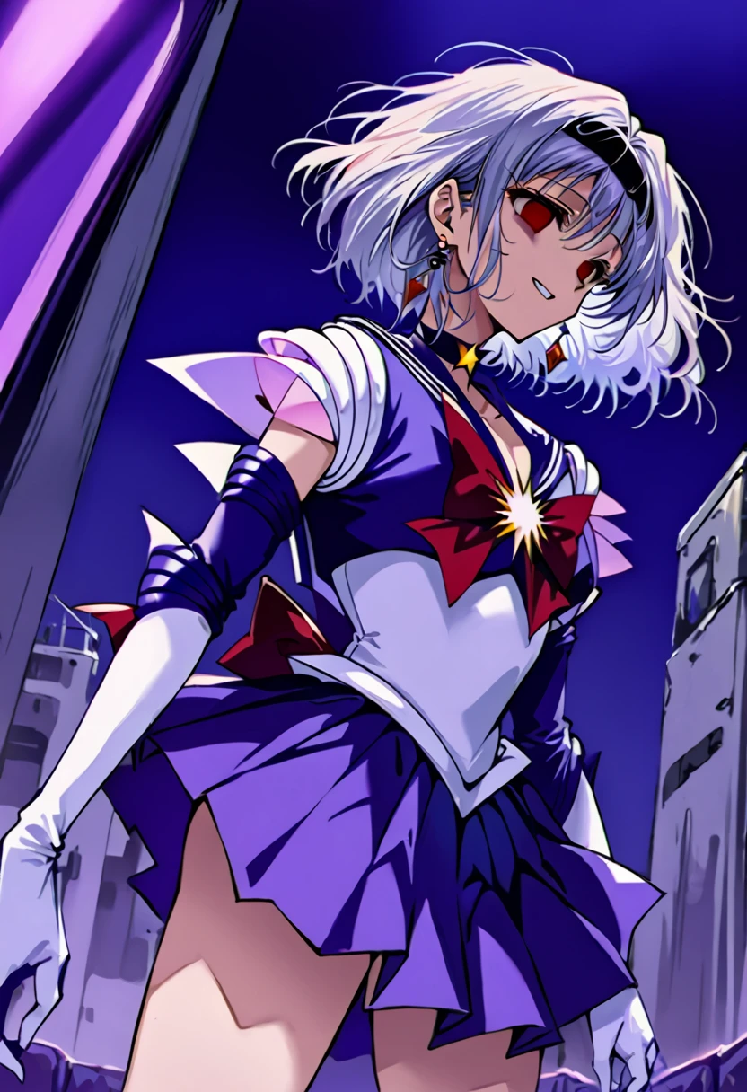 (masterpiece, Highest quality, so beautiful, Very detailed), Intricate details, 12k, Honestly,In awe of the Sailor Saturn XL,sailor senshi uniform,jewelry,skirt,choker,star choker,sailor collar,bow,brooch,star brooch,purple sailor collar,purple skirt,gloves,tiara,short hair,white gloves,earrings,elbow gloves,pleated skirt,, Are standing, Cowboy Shot,,(Wicked Smile:1.2), One person,(Silver Hair:1.4),(empty eyes,:1.4),From below,Watching the dawn,Dark aura,View your audience,(red eyes:1.2),