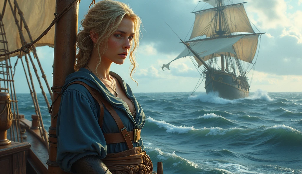 Grimy 2 blonde pirate woman with weathered skin, sea-sprayed hair, and a salty gaze leaning against mast of. her storm-battered ship, a dagger by in her hand limp at her side, exhausted after another sea battle. The rough grey sea stretching out before her like an endless battlefield, waves crashing against the vessel's hull as dark, foreboding clouds gather on the horizon, an airship looming in the distance, its billowing sails tattered, the pirate's tunic a deep, rich blue with sea-worn whites and tawny leather accents, contrasting warm golden light on weathered wood and cold blue shadows, 8k hyper-real fantasy matte painting in the style of Simon Stalenhag, ZBrush textures and Unreal Engine 5, detailing reminiscent of Iain McCaig's concept art, loose brushstrokes echoing the rugged seascape my soulmate.]”