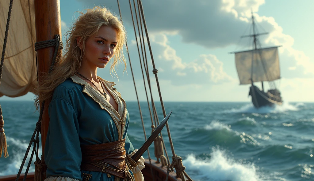 Grimy 2 blonde pirate woman with weathered skin, sea-sprayed hair, and a salty gaze leaning against mast of. her storm-battered ship, a dagger by in her hand limp at her side, exhausted after another sea battle. The rough grey sea stretching out before her like an endless battlefield, waves crashing against the vessel's hull as dark, foreboding clouds gather on the horizon, an airship looming in the distance, its billowing sails tattered, the pirate's tunic a deep, rich blue with sea-worn whites and tawny leather accents, contrasting warm golden light on weathered wood and cold blue shadows, 8k hyper-real fantasy matte painting in the style of Simon Stalenhag, ZBrush textures and Unreal Engine 5, detailing reminiscent of Iain McCaig's concept art, loose brushstrokes echoing the rugged seascape my soulmate.]”