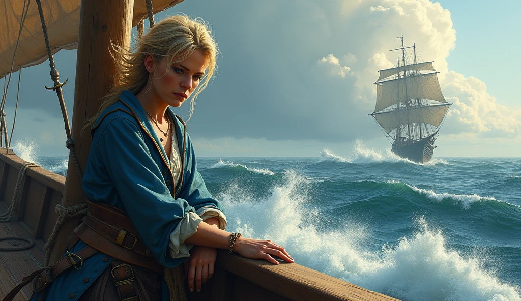 Grimy 2 blonde pirate woman with weathered skin, sea-sprayed hair, and a salty gaze leaning against mast of. her storm-battered ship, a dagger by in her hand limp at her side, exhausted after another sea battle. The rough grey sea stretching out before her like an endless battlefield, waves crashing against the vessel's hull as dark, foreboding clouds gather on the horizon, an airship looming in the distance, its billowing sails tattered, the pirate's tunic a deep, rich blue with sea-worn whites and tawny leather accents, contrasting warm golden light on weathered wood and cold blue shadows, 8k hyper-real fantasy matte painting in the style of Simon Stalenhag, ZBrush textures and Unreal Engine 5, detailing reminiscent of Iain McCaig's concept art, loose brushstrokes echoing the rugged seascape my soulmate.]”