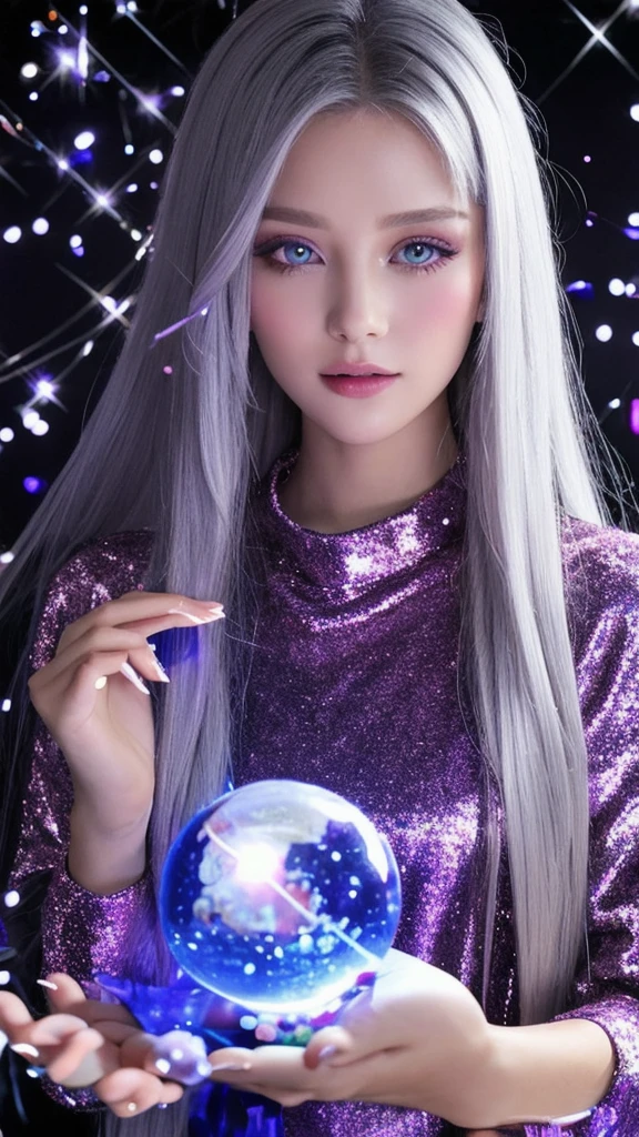 woman、Beauty、fortune teller、Android-like、Away from humans、Beautiful、Super whitening、Dutch、Transparencyのある肌、front、Upper Body、Make eye contact、Silver Hair、mysterious、Very long hair、Transparency、Gray Eyes、Cat Eyes、Dark eyeshadow、Crystal ball、The background is a moonlit night.、Light purple glitter background