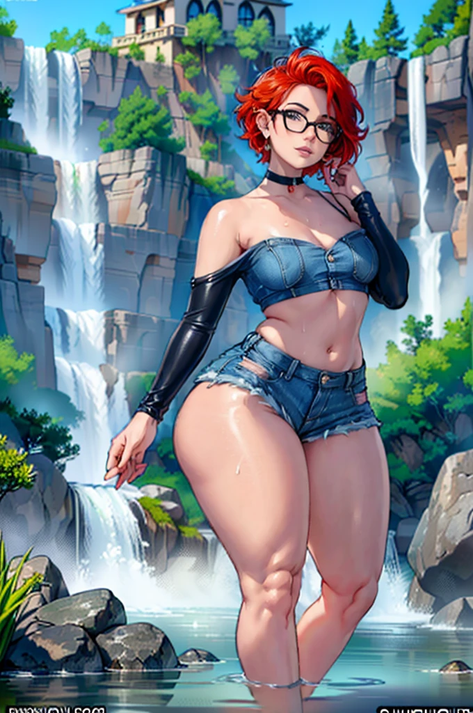 
(large breasts 1.4), beautiful elf woman, ((Short Red Hair: 1.6, straight with shine)), bright blue eyes, bright eyes, double eyelids, light effect on eyes, detailed irises, sexy, curvy body, glasses,(( off the shoulder black crop top, no logo or words: 1.6, choker, tiny denim shorts, black high heels, legs exposed,)) ((micro denim shorts, edgy sexy, Beautiful and cool, shorts)), ((Wet Clothes)) ((work of art, hyper-realistic, hyper detailed, Best quality, 16k, light and shadow on skin, vivid colors), eyeliner, Thin eyebrows, Sensual expression, perfect lips, sexy mature face, ((skin with light and shadow) flirting seductively with the viewer, lots of freckles, full lips, extreme blush, smile, ((laying on back in water under a waterfall,)), daytime, noon, rays of light, masterpiece, ((Hands washing hair: 1.6, biting lower lip)) ((View from side)), ((Looking at viewer))