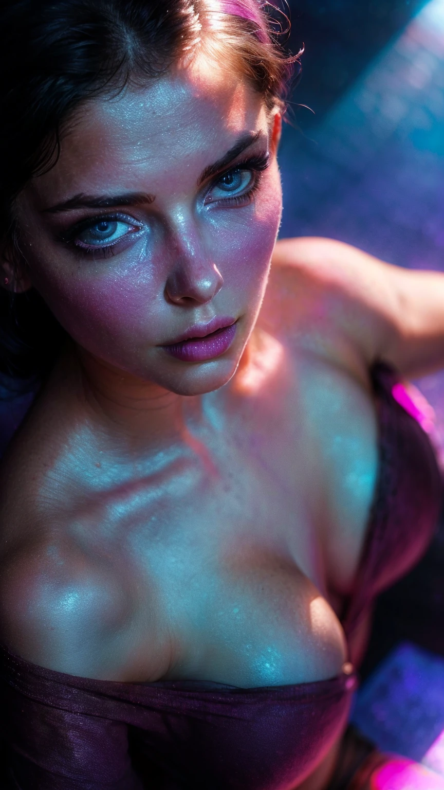 (((ultra realistic))) Photo, masterpiece, top quality, (pale skin), (Ultra detailed face and eyes:1.3), 1 girl, Adult, in a T-shirt, ((Eye makeup, mascara)), (large detailed lips), ((Pink волосы в хвост)), ((Chyolka)) , (Natural breasts), Slim waist. ((Posing)), photoshoot, studio (soft lighting), (The play of light and shadows), depth of field, bokeh, (special attention to skin detail: 1.2), Detailed leather texture, skin pores. (Warm atmosphere of the frame. Color range - purple, Pink, blue tones), UDR, ((Film grain)), ((rays)), (Glare), ((Photo to the waist, view from above)) , ultra detialed,