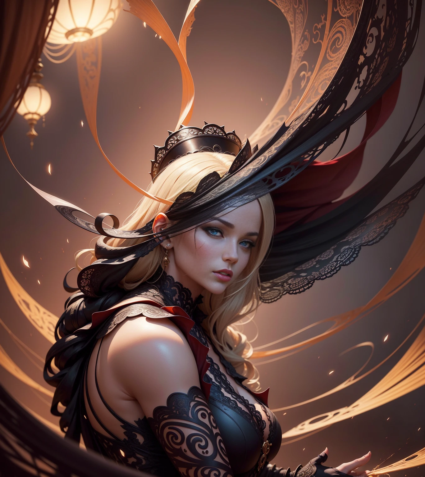 A sexy European woman, Abstract photography of ultra detailed dark hookah spiral art, Satin lace flowing smoke like clouds and smoke, Ten Billion Feng Shui Wild Trips, perfectly proportioned, A detailed, art by alberto seveso, Carne Griffith, Vadim Kashin, Jean Baptiste Monge, splash art, ink cloud, dynamic dancing pose, details Intricate, Com cuidado, at centre, framed, dramatic lighting, Popular em CGhSociety, Intricate, epic, popular no ArtStation, highy detailed, with dynamism, Create movie character renders, Ultra-high quality, 8k, LONG BLONG HAIR, hair blonde, rot, red outfit