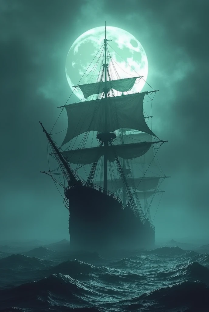 The Flying Dutchman, an ethereal ship caught in eternal twilight, sails endlessly across a phantom sea. The ship’s masts are broken, and ghostly winds fill its tattered sails. The moon is full, casting a pale light on the cursed vessel, revealing the haunting figures of its doomed crew