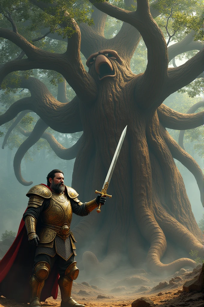 Bearded Bolsonaro in armor with a sword fighting a giant squid made of wood in front of the tree of life