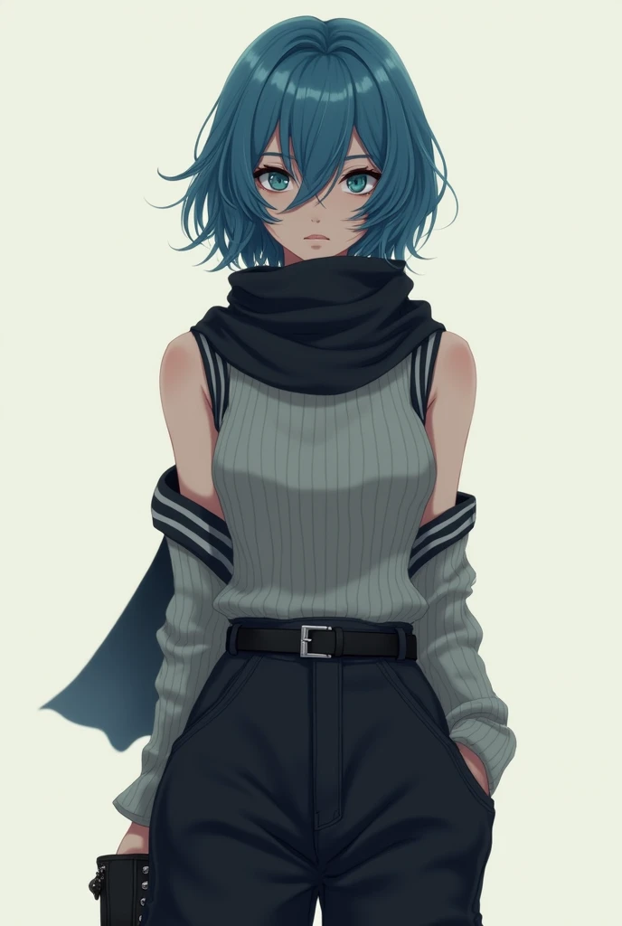 a girl wears black scarf, sleeveless gray turtleneck with black stripes at the end of shoulders, black belt, black jogger cargo pants, black combat boots. She has blue short hair, her bangs is covered her right eye, teal color eyes. in anime art style