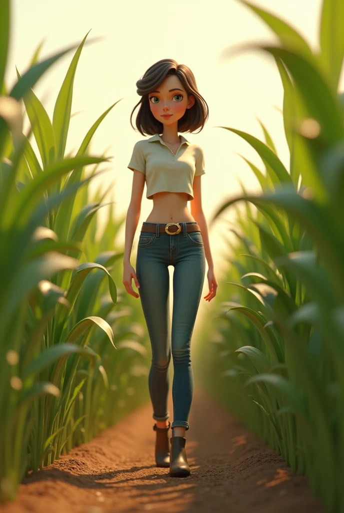 3d animation, 20-year-old girl, agronomist, thin body, with white skin, large, with medium-length dark brown hair, wearing jeans with a buckle belt, wearing ankle boots, with a short blouse showing her belly, in the middle to a sorghum plantation