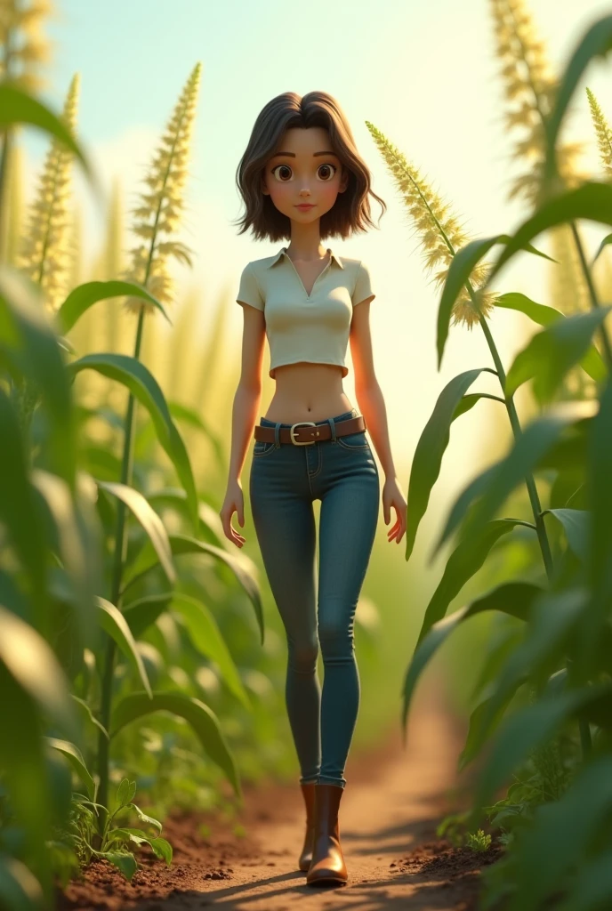 3d animation, 20-year-old girl, agronomist, thin body, with white skin, large, with medium-length dark brown hair, wearing jeans with a buckle belt, wearing ankle boots, with a short blouse showing her belly, in the middle to a sorghum plantation