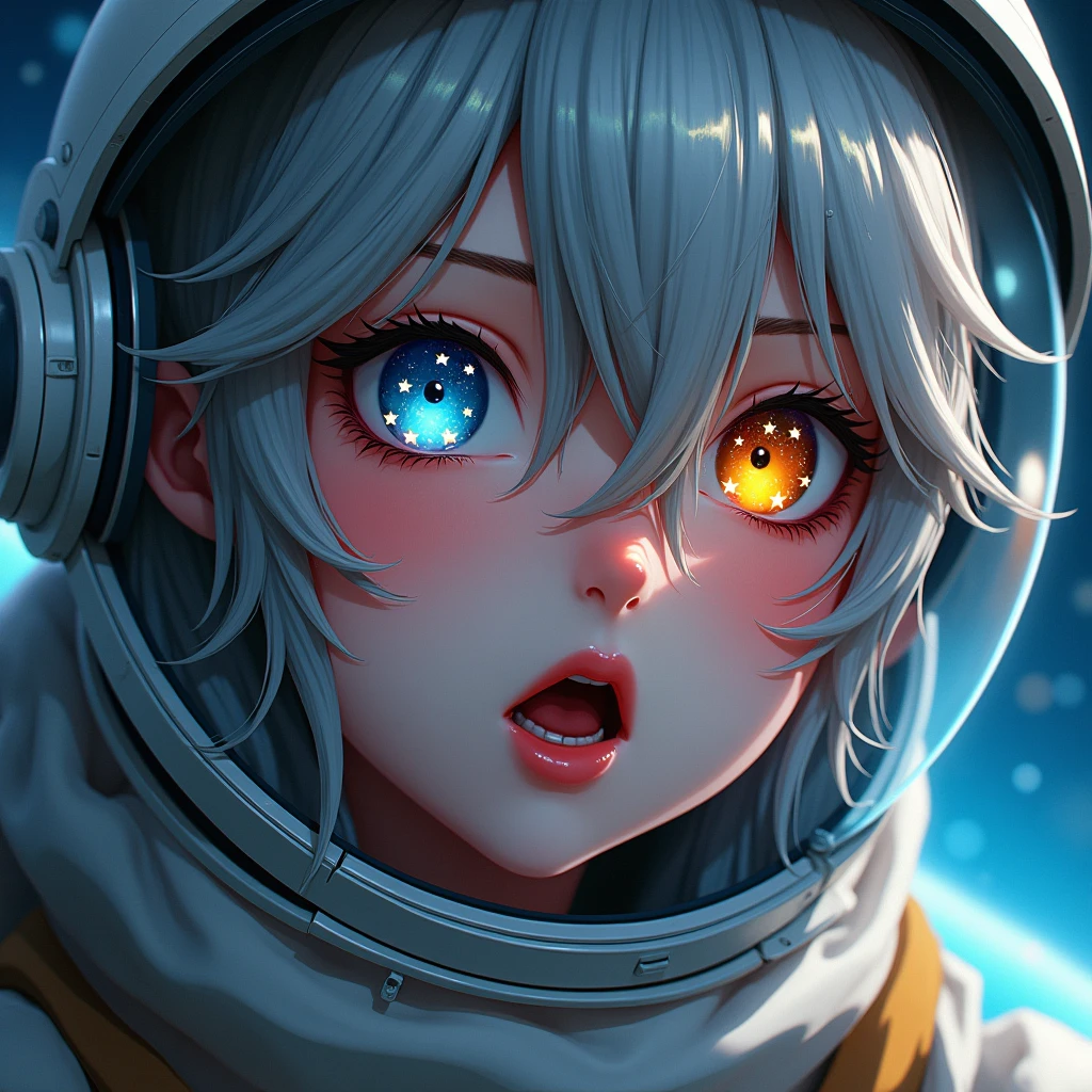 (Close-ups of even better masterpieces:1.5)0.9], (Space and astronauts:1.2) (Disheveled silver hair:1.1) (Heterochromia、Xanthochromia、blue eyes:1.2) (Space Helmet:1.0) (Colored stars in my eyes:1.0) (Shining Sparkle:1.1) (Thick lips:0.9)