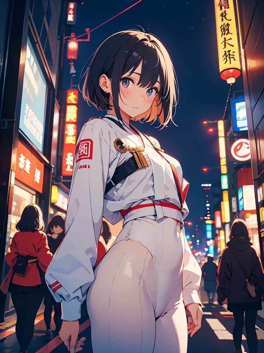 short black hair, white skintight bodysuit, Japanese city skyline at night