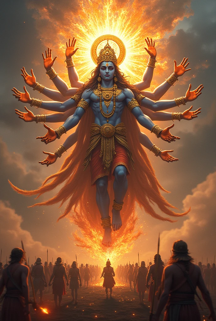 In the Bhagavad Gita, Lord Krishna reveals his Vishwaroopam (Universal Form) to Arjuna on the battlefield of Kurukshetra. This form is described as an awe-inspiring, vast, and magnificent cosmic vision that encompasses the entire universe. 

Krishna’s Vishwaroopam is depicted as having thousands of faces and eyes, numerous arms and legs, and adorned with countless ornaments. His form is all-encompassing, displaying an infinite range of divine manifestations, including gods, sages, and various creatures. The form is both terrifying and majestic, representing the ultimate reality of divine omnipresence and omnipotence. The sheer scale of this form transcends normal human perception, symbolizing the boundless nature of the divine and the infinite scope of the cosmos.with full of weapons in all hands with full of bright ness sudharshanachakra is rotating with fire in one hand