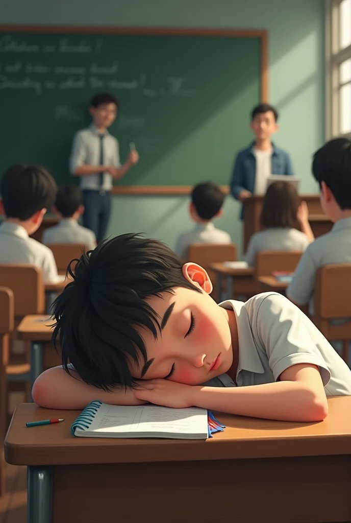 a boy  arount 18 years is laying on his desk in classroom and listening his teacher. The boy is all asleap.¨
