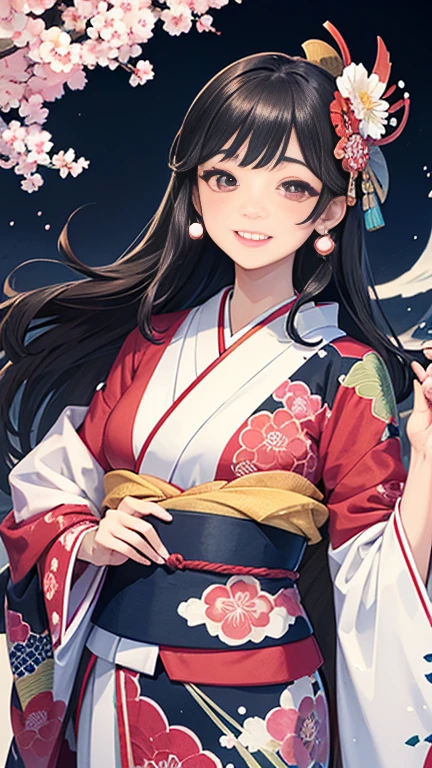 A beautiful woman smiles and shows her upper white teeth、Vividly colored Japanese Ukiyo-e style illustrations、(SeaArt creates stunning illustrations of beautiful women in kimono)、Brown-black long hair、Beautiful full body style、Let's dance a little Tokyo Ondo Yoiyoi、Beautiful digital painting,、Bright vibrant digital anime art、 Detailed digital anime art、 Beautiful anime portraits、background、Torii gate of a shrine in Kyoto, Japan、Detailed CG、