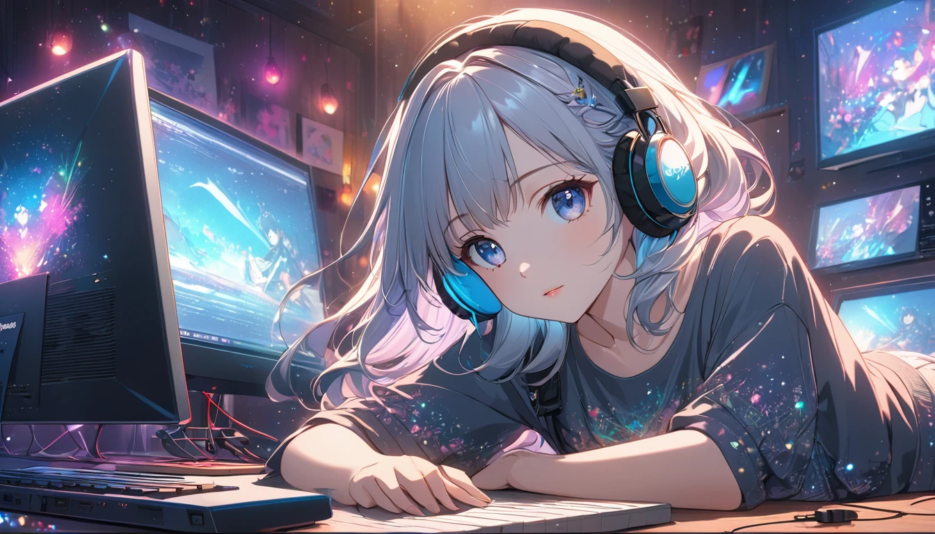 Highest quality, Intricate details, Very delicate, so beautiful, Highest quality, High Qualite, Very beautiful face, kindness, 超detailed hair, thin, cute, Perfectly symmetrical face, Upper body rest (Beautiful colors,detailed,Highest quality,Great quality,so beautiful),Lighting particles, Casual Fashion, Headphones,computer, guitar, Glitter, Anime Style 4 k, art wallpaper 8k, LOFI Girl, art wallpaper 4k, アニメart wallpaper 4k, Anime atmosphere, 4k anime wallpaper, Lo-fi art style, Anime Style. 8k