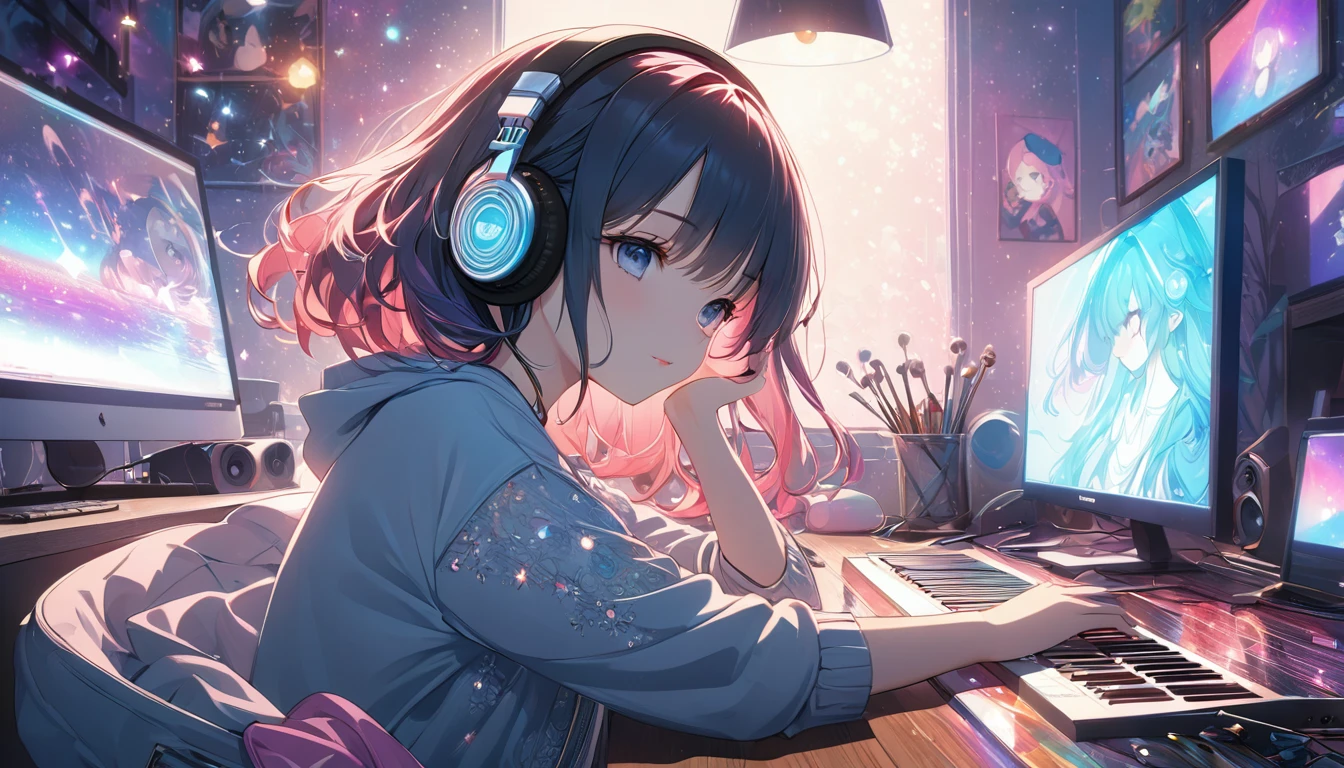 Highest quality, Intricate details, Very delicate, so beautiful, Highest quality, High Qualite, Very beautiful face, kindness, 超detailed hair, thin, cute, Perfectly symmetrical face, Upper body rest (Beautiful colors,detailed,Highest quality,Great quality,so beautiful),Lighting particles, Casual Fashion, Headphones,computer, guitar, Glitter, Anime Style 4 k, art wallpaper 8k, LOFI Girl, art wallpaper 4k, アニメart wallpaper 4k, Anime atmosphere, 4k anime wallpaper, Lo-fi art style, Anime Style. 8k