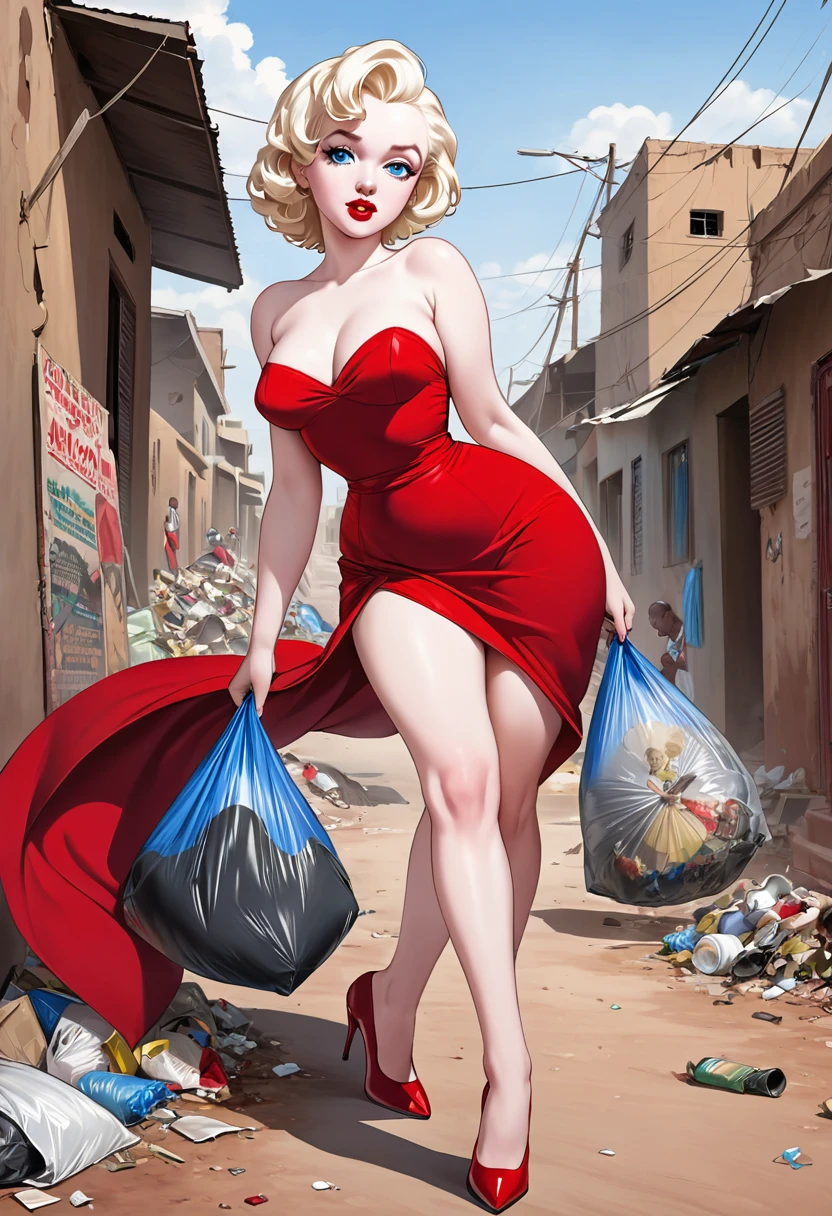 masterpiece, small size head, pinup,Marilyn Monroe, pale skin, blue eyes, stunning, wearing red royal dress, black stockings ,red stilettos ,thick calves, long thick legs , big ass. She is walking in poor african Town with a Lot of garbage.