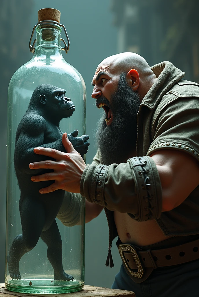 A dwarf shouting at a gorilla inside a bottle.