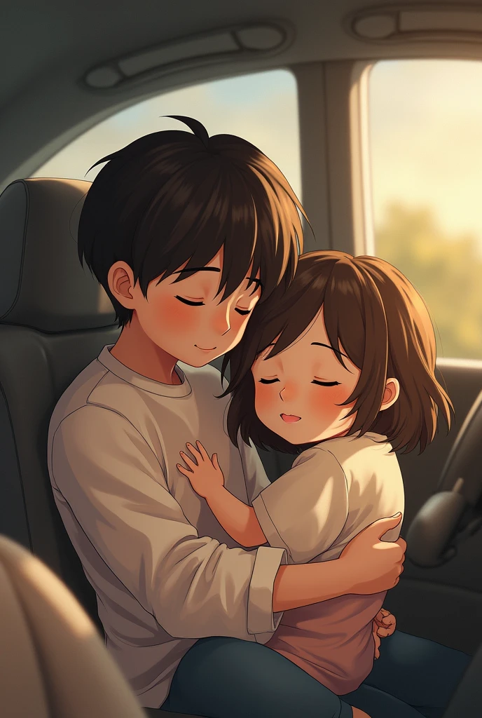 The girl is sleeping in the car and the boy is sitting beside her with the girls head on the boy's leg