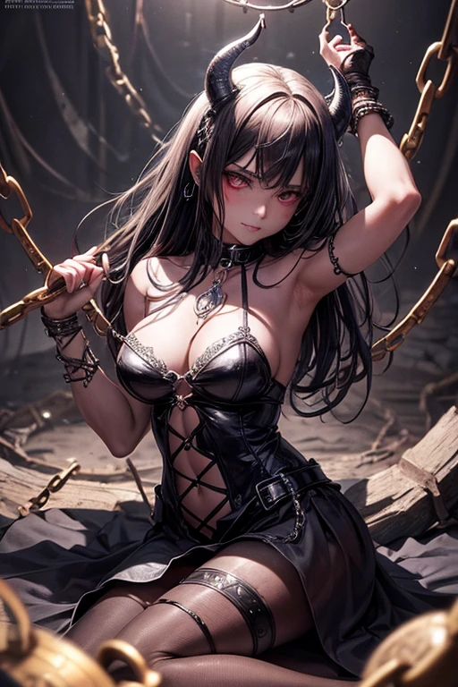 High quality, high detail, beautiful devil woman chained in hellish dungeon, suspended in a web of chains, defiant, realistic, both wrists bound