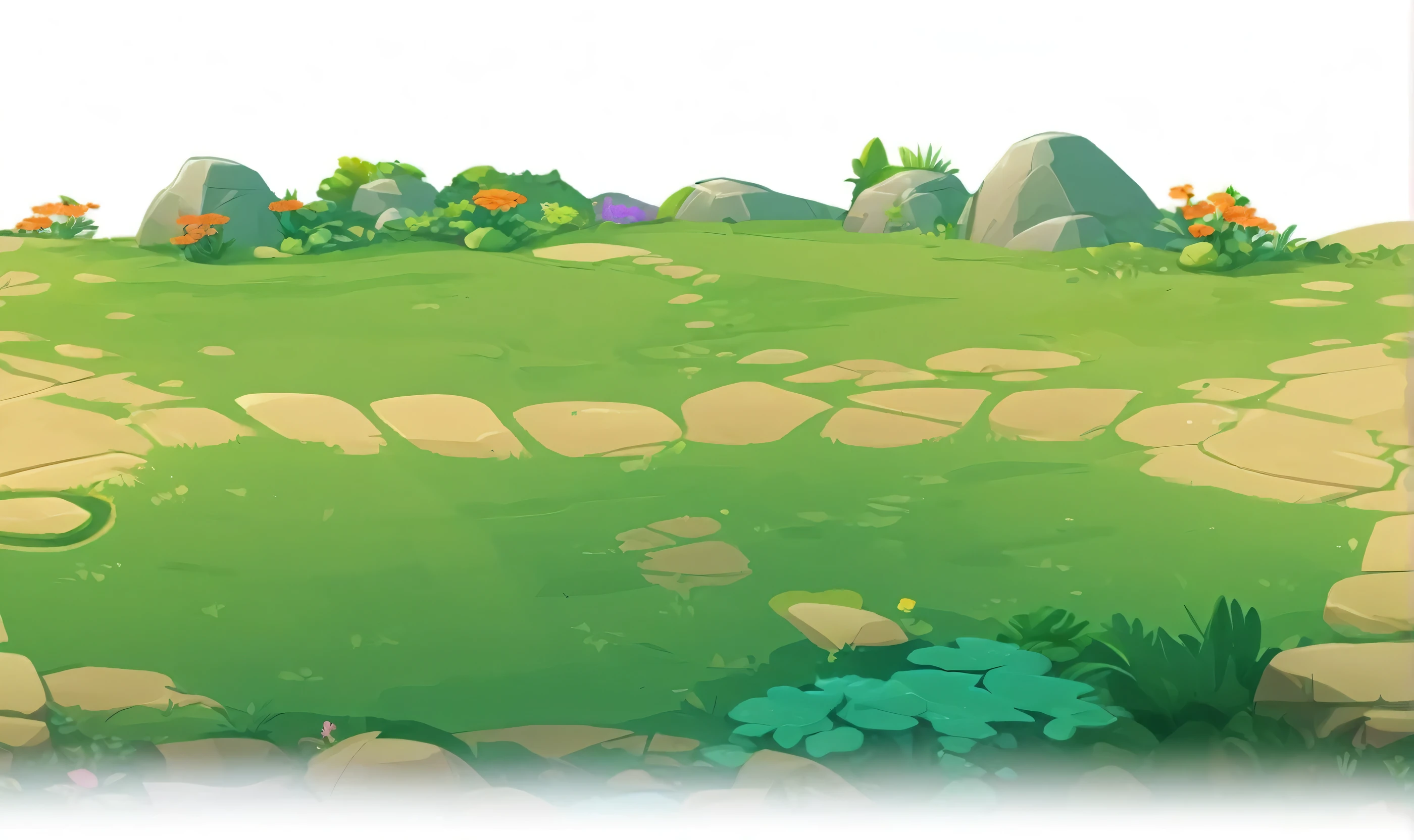 Cartoon scene with green fields with rocks and flowers, background technology, background technologywork, Mobile game background, Natural Environment, Savanna Background, Mobile game art, 2D Game Environment Design,
