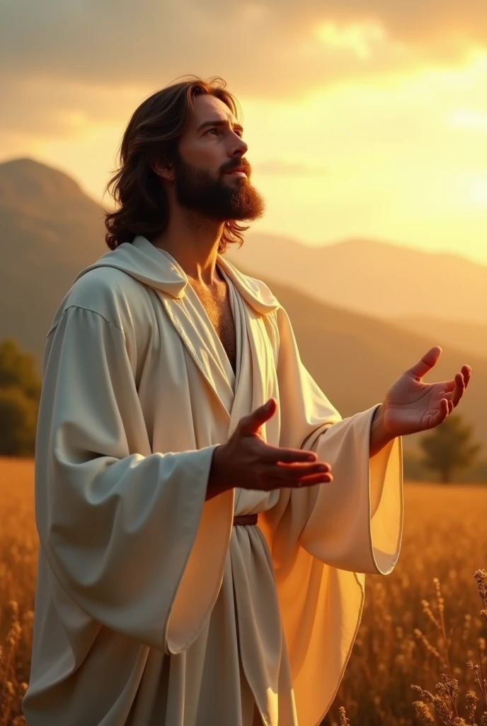 A realistic, photo-like scene of a bearded man resembling a classic depiction of Jesus Christ, standing in a field at sunrise or sunset. His body is slightly turned to the right, not fully facing the viewer but at a gentle angle, with his right side more visible. His both arms are outstretched in a welcoming gesture like he was praying and his head is tilted slightly upward, with his gaze directed toward the sky. He has long, wavy brown hair and a well-groomed beard, with a calm and compassionate expression on his face. He is dressed in flowing white robes that drape naturally over his body, with realistic folds and textures. The warm, golden light of the sun reflects off his right side, casting a gentle, lifelike glow on his face and robes. The background features realistic rolling hills and a vast sky with a mix of clouds and soft sunlight, enhancing the tranquil and divine ambiance of the scene.