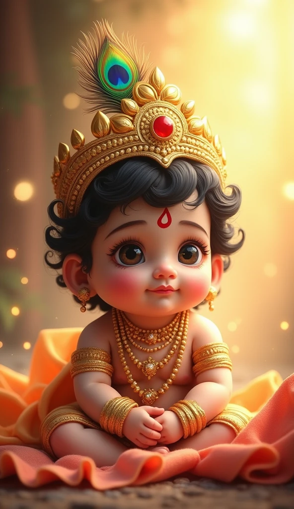 Cute  as lord Krishna bhagwan with a golden crown with a peacock feather in it 