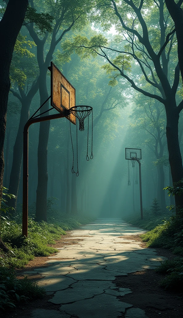 Describe a basketball court deep in a forest, surrounded by tall, eerie trees. The court is cracked and overgrown with weeds, and there's an unsettling silence except for the occasional rustling of leaves. The hoops are rusty, with chains instead of nets, swaying gently as if someone just played there.