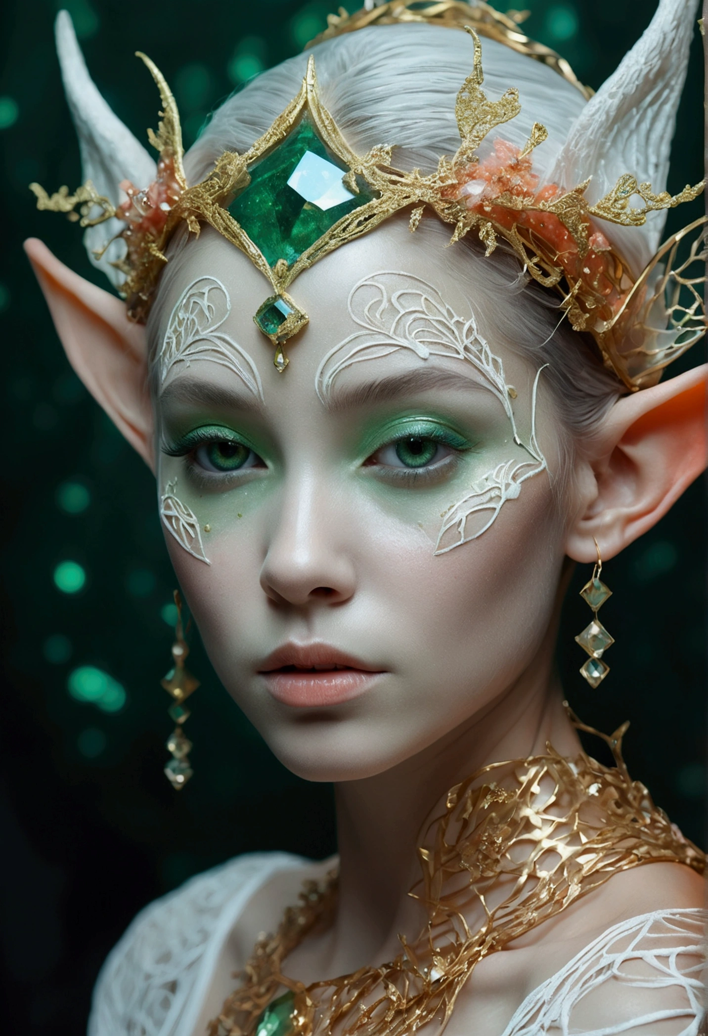 photo RAW, (White and green : Portrait of a ghostly elf, shiny aura, highly detailed, gold filigree, intricate motifs, organic tracery, by Android jones, Januz Miralles, Hikari Shimoda, glowing stardust by W. Zelmer, perfect composition, smooth, sharp focus, sparkling particles, lively coral reef background Realistic, realism, hd, 35mm photograph, 8k), masterpiece, award winning photography, natural light, perfect composition, high detail, hyper realistic
