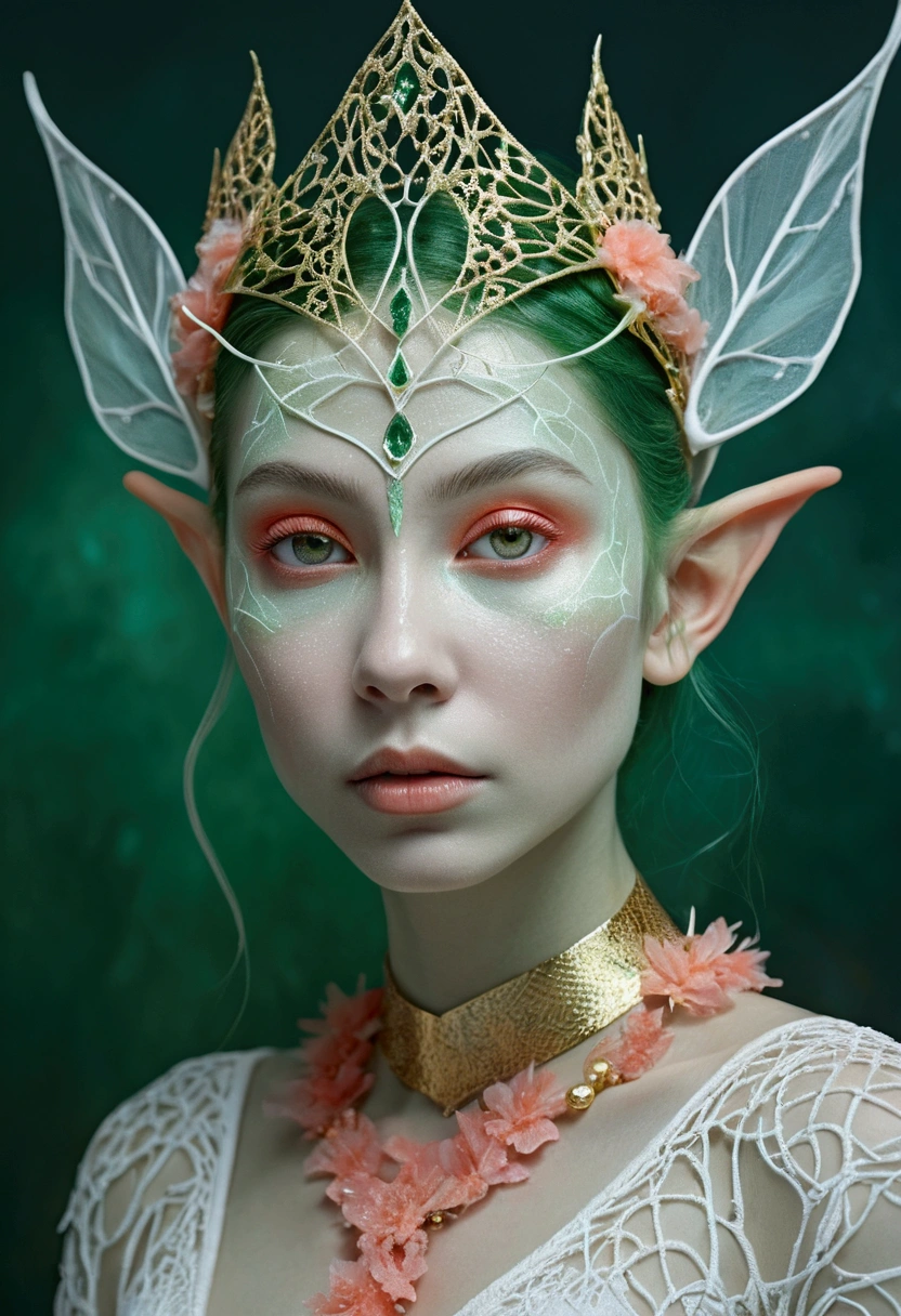 photo RAW, (White and green : Portrait of a ghostly elf, shiny aura, highly detailed, gold filigree, intricate motifs, organic tracery, by Android jones, Januz Miralles, Hikari Shimoda, glowing stardust by W. Zelmer, perfect composition, smooth, sharp focus, sparkling particles, lively coral reef background Realistic, realism, hd, 35mm photograph, 8k), masterpiece, award winning photography, natural light, perfect composition, high detail, hyper realistic