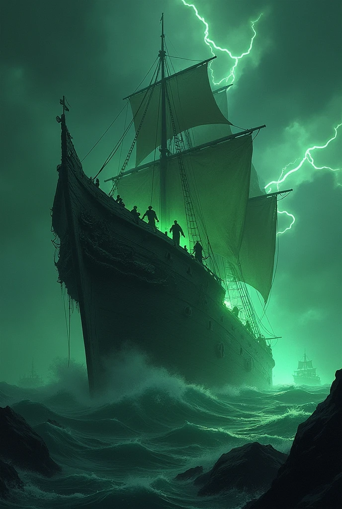 A haunted ship, the Flying Dutchman, navigating through a dark and stormy ocean. The ship’s hull is cracked and splintered, with ghostly green lights emanating from within. Ghostly sailors, with chains around their wrists, toil endlessly on the deck under a sky filled with dark clouds and roaring thunde