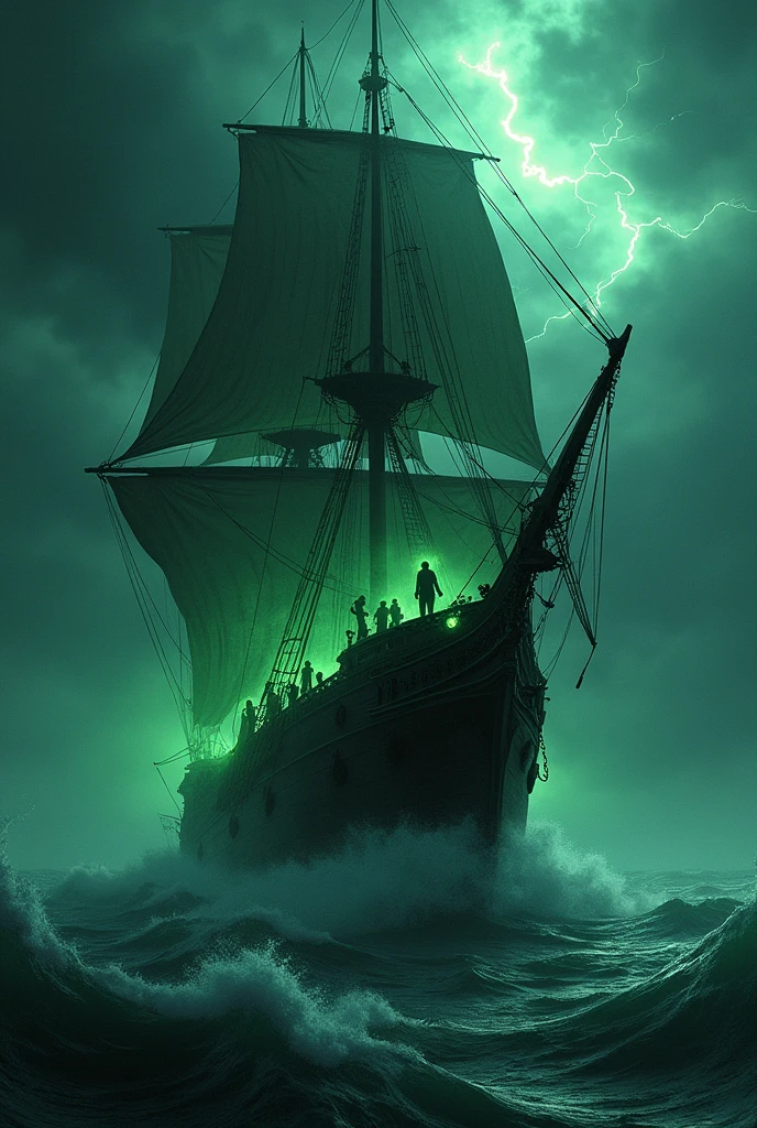 A haunted ship, the Flying Dutchman, navigating through a dark and stormy ocean. The ship’s hull is cracked and splintered, with ghostly green lights emanating from within. Ghostly sailors, with chains around their wrists, toil endlessly on the deck under a sky filled with dark clouds and roaring thunde