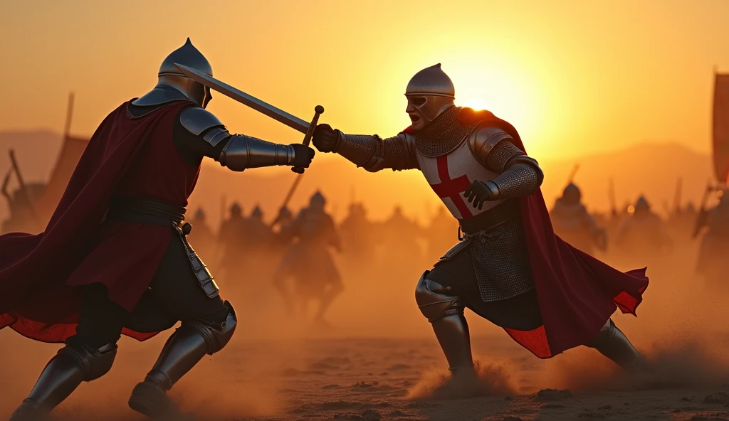 A highly realistic, high-contrast, 8K HD, detailed, hyper-detailed image. Two Crusader knights are locked in a fierce battle on a desert battlefield at sunset. The first knight, bearing a red cross on his chest, is in mid-motion as he is struck by the enemy's sword. His body twists slightly from the force of the blow, his armor denting and blood beginning to seep from the wound. His face is partially visible, showing a mix of shock and determination as he struggles to stay on his feet. The enemy knight, with a menacing stance and obscured face beneath a helmet, delivers the blow with brutal precision. The background captures the chaos of war, with dust rising from the desert floor and the silhouettes of other knights fighting in the distance. The setting sun casts a fiery glow across the scene, highlighting the intensity and desperation of the moment. The image is of the highest quality, with ultra-high resolution, RAW photo quality, and Unreal Engine rendering, vividly capturing the brutal reality of combat.