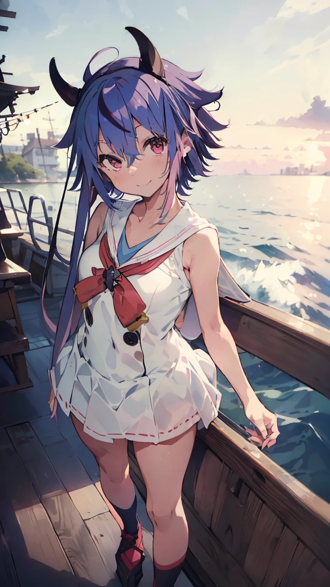 masterpiece, Highest quality, High resolution, Very detailed,(((Mikoto Naruka))), (((smile)))、(((Standing in the distance))), (((On the boat))), (((Ocean))), (((Wearing a sailor suit。))), (((Multicolored Hair))), (((horn))), (((Pink Eyes)))