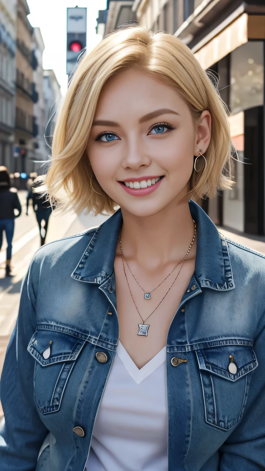 Super Resolution、Beautiful Caucasian Woman、、short hair、Blonde Hair、blue eyes、、ear piercing、necklace、Denim jacket、shirt、smile、Beautiful teeth alignment、The background is a city street