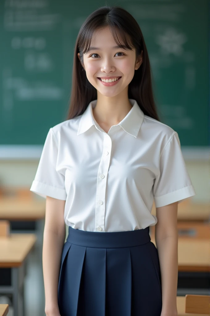 (best quality、On the table、8k、Best image quality、Award-winning works)、(Beautiful 1 schoolgirl:1.1)、(White polyester collar shirt:1.1)、(Navy pleated skirt:1.1)、(Large Breasts:1.3)、(Highlight your body lines:1.1)、(Plump body:1.2)、girl portrait photography、glowing skin、Stand gracefully、(Perfect blurred school classroom background:1.1)、(Classroom blackboard background:1.2)、beautiful smile、(Close-up of face:1.1)