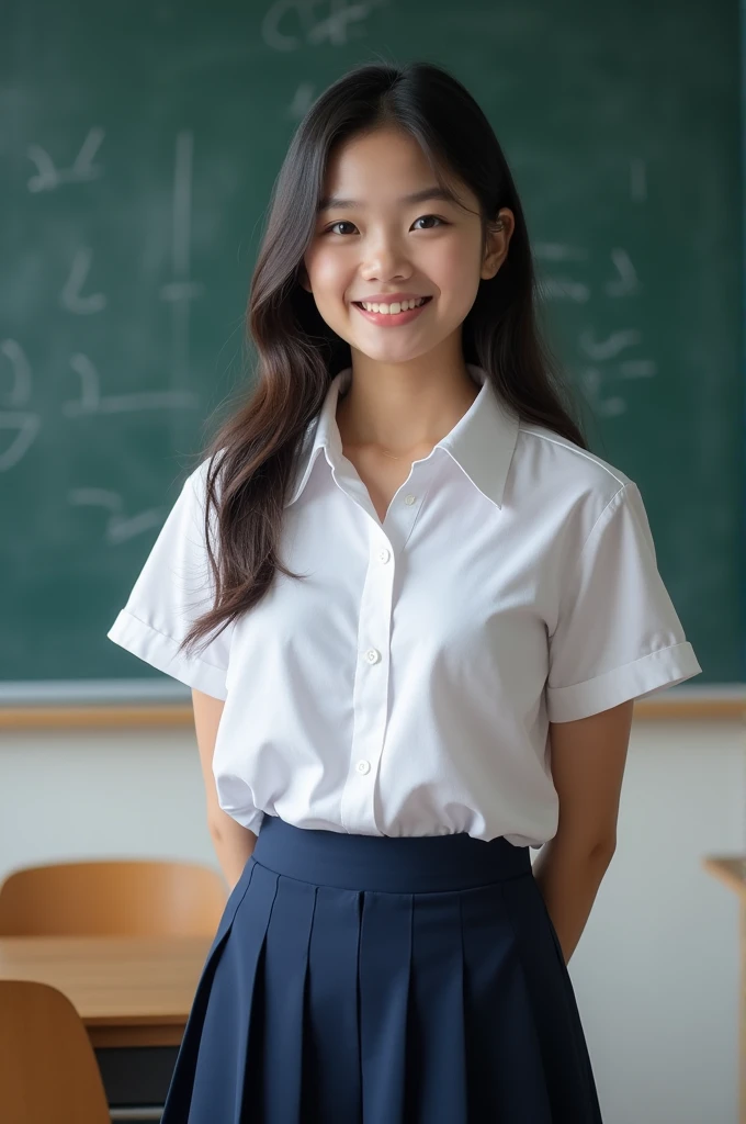 (best quality、On the table、8k、Best image quality、Award-winning works)、(Beautiful 1 schoolgirl:1.1)、(White polyester collar shirt:1.1)、(Navy pleated skirt:1.1)、(Large Breasts:1.3)、(Highlight your body lines:1.1)、(Plump body:1.2)、girl portrait photography、glowing skin、Stand gracefully、(Perfect blurred school classroom background:1.1)、(Classroom blackboard background:1.2)、beautiful smile、(Close-up of face:1.1)