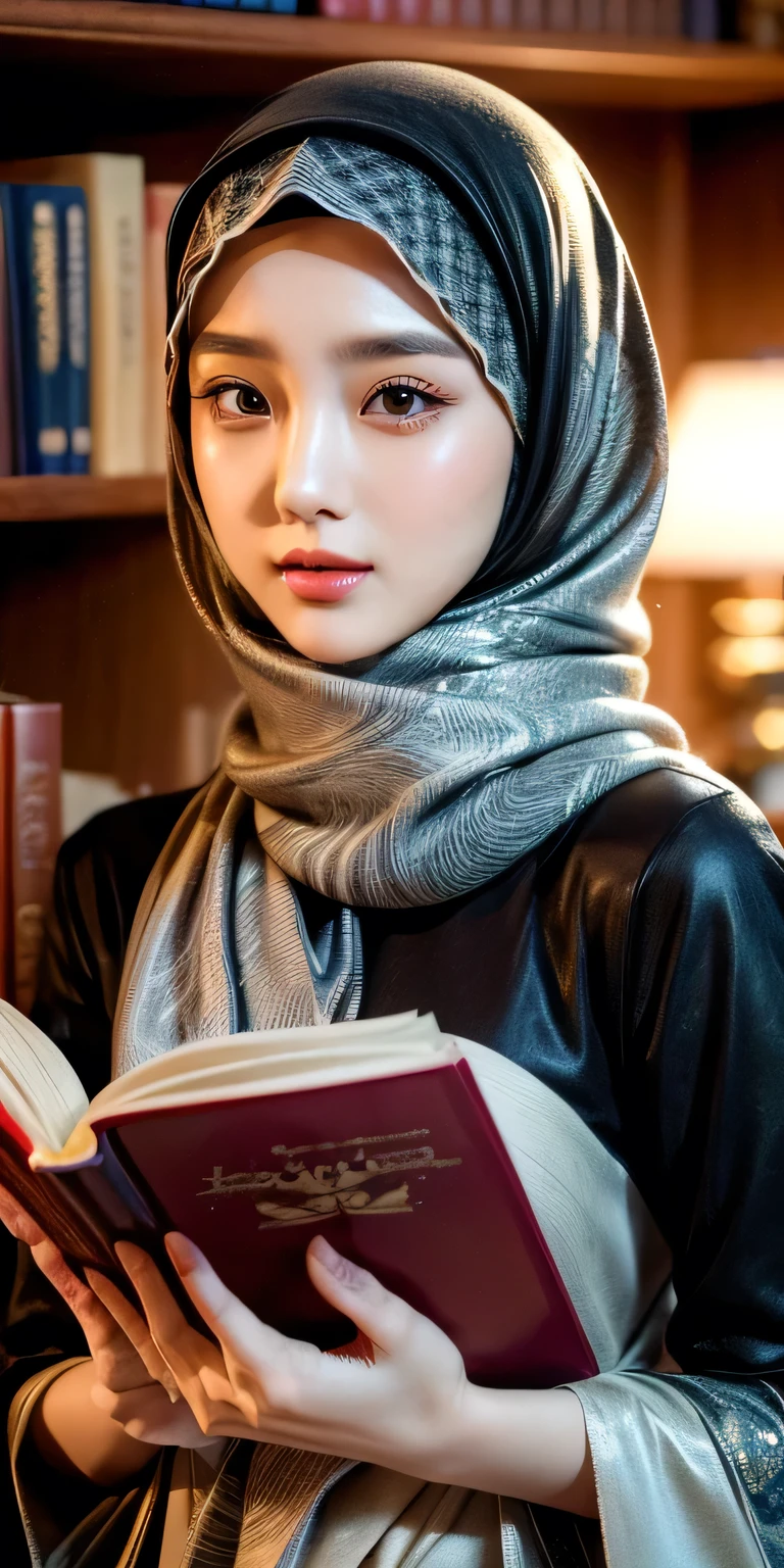 Korean girl, beautiful girl in hijab, 1 girl, perfect face, expressive eyes, makeup, eyeshadow, eyeliner, luxurious hijab, patterned hijab, hijab decoration, brooch, shiny lips, in the library, read a book,