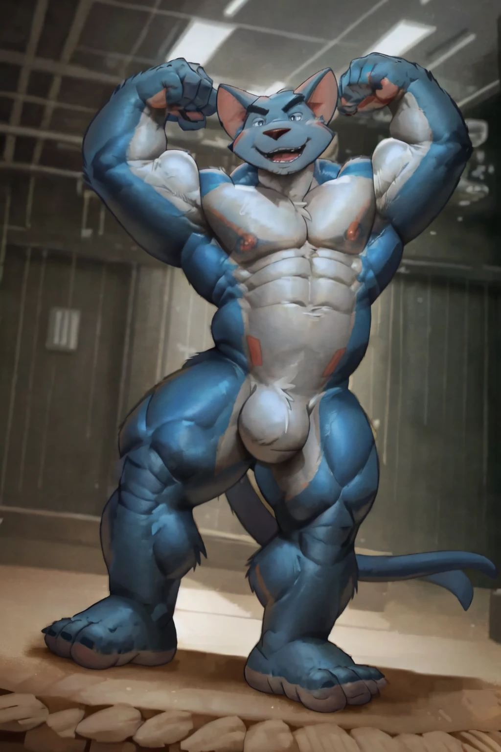 score_9, score_8_up, score_7_up, score_6_up, score_5_up, score_4_up,((garytherat,male furry)),((rat)), white eyes, (pose:1.3), (posing:1.3), (soft shading), 4k, hi res, five fingers, detailed hands, ((detailed face, (detailed eyes:1.3), detailed)), (((full body))),show legs,show feet,(by takahirosi:1.5), solo, looking at viewer, 1boy, standing, full body, male focus,(( body:1.7)), abs, biceps, flexing, smile,hunking