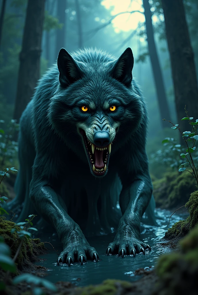 "(best quality,4k,8k,highres,masterpiece:1.2),ultra-detailed,realistic,photorealistic:1.37,A werewolf trapped in a living sticky latex in a dark forest,illustration,thick forest,menacing atmosphere,wolf-like eyes,sharp claws,dripping fangs,sinister shadows,moonlit night,ominous presence,dense foliage,vivid colors,ethereal lighting"