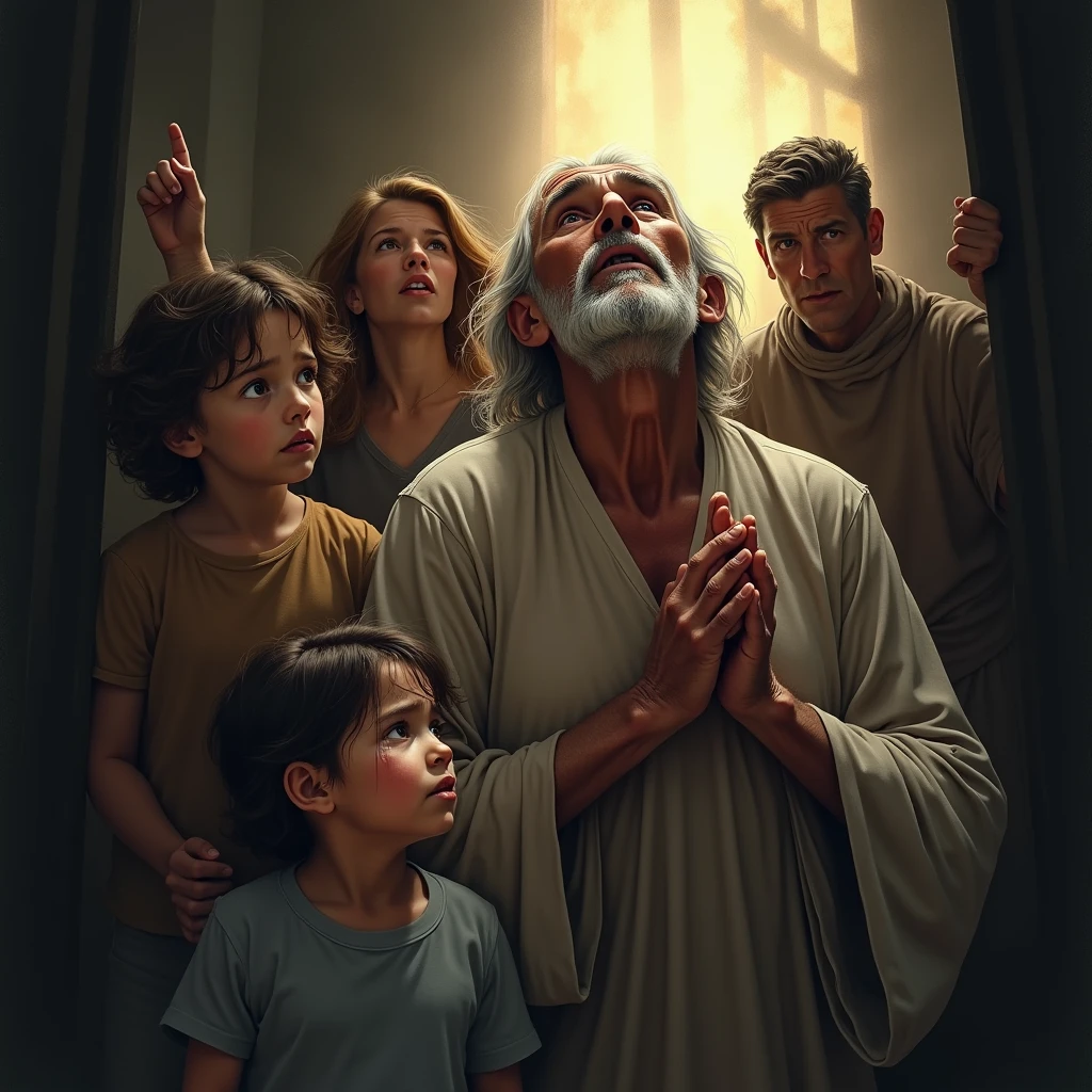 The frightened faces of the family members. A child has tears in his eyes, and an old man looks up at the sky and prays. Strange lights or shadows around, indicating the presence of God's wrath.