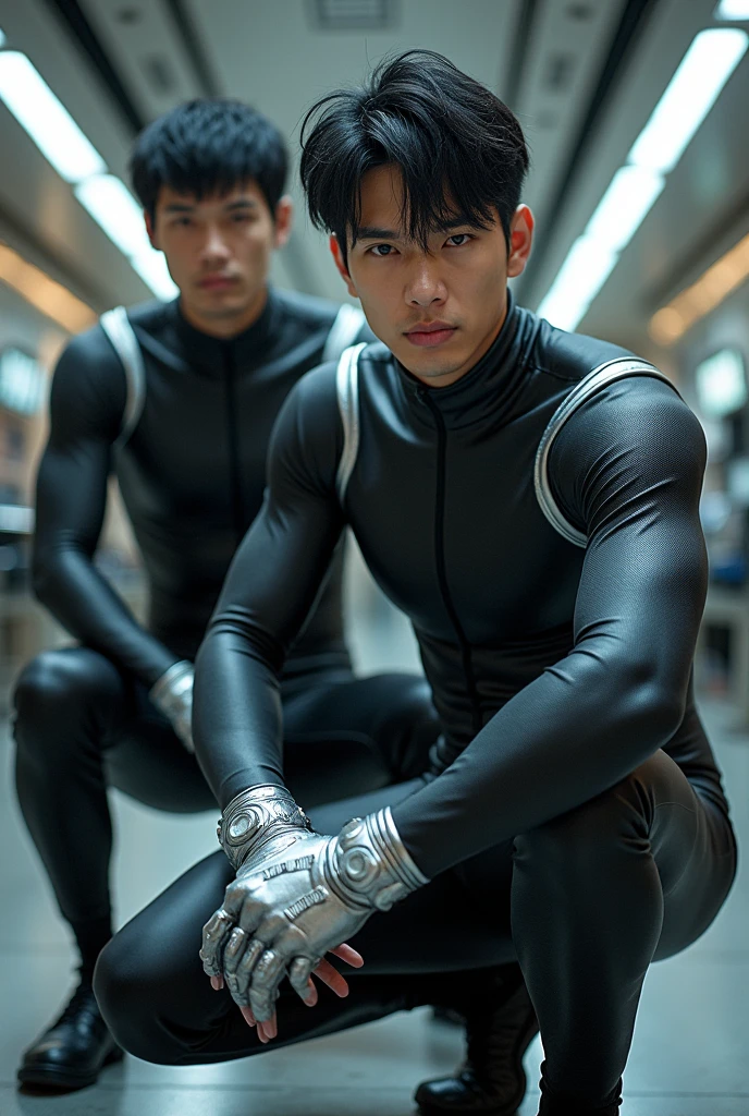 Two handsome and refreshing Japanese men Short black hair Short-haired man Powerful pose Future World Various musical instruments sf The whole thing is titanium black.、Tight fitting rubber suit with silver accents Compression suit full body Silver gloves texture Big Moccoli Photo taken looking up from a squatting position, Look straight into the camera Realistic images