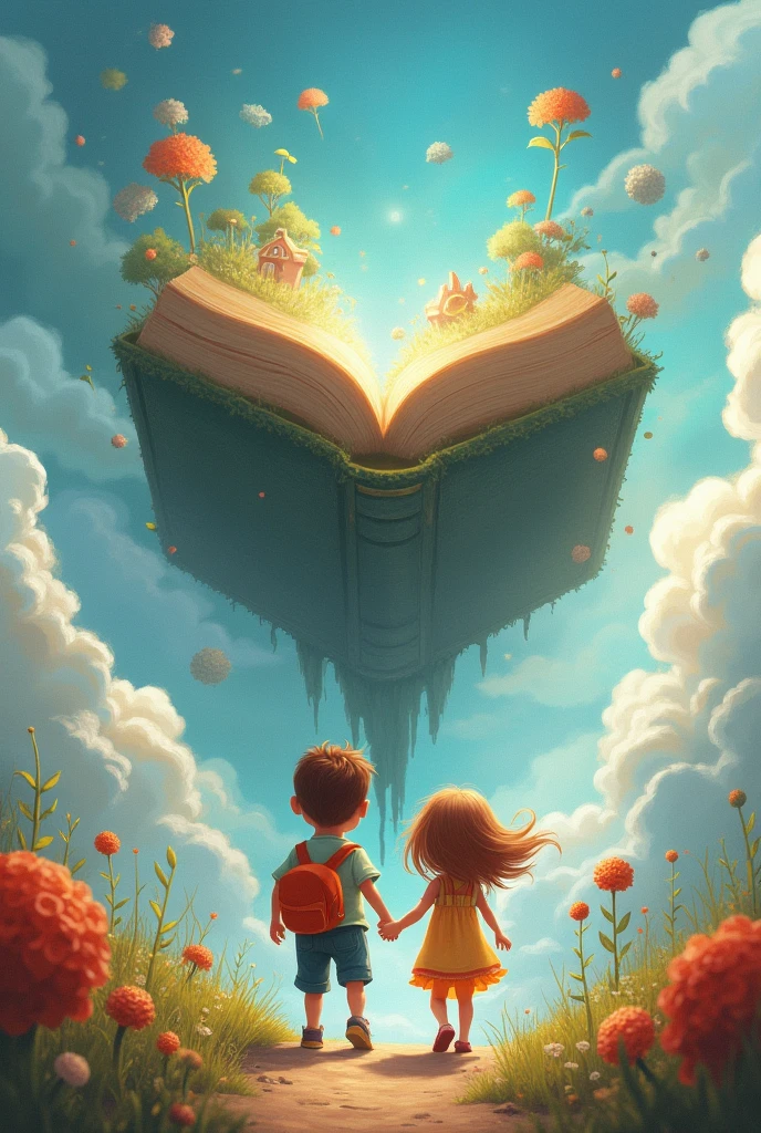 a boy and girl walking hand in hand towards a giant book