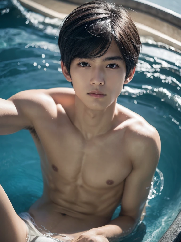 clear skin, topless, bare arm, armpit, finely detailed skin, realistic skin, Two-Block hair, Bobbed hair, wearing boxer brief pants, naked, slim body, slender, Japanese cute boy, baby face A 20-year-old boy, Black hair, Messy hair, modern, Eye level shots, hyper HD, Masterpiece, (photorealistic, masterpiece, 8K HD, good lighting quality, portrait, closing up on face, intricate details)