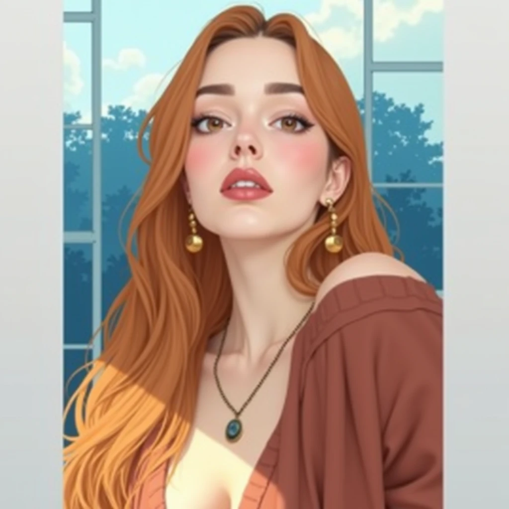 1 girl in, 19yearsold, standing alone, long hair, Colossal , looking ahead at viewer, russet hair, bared shoulders, eyes browns, jewerly, whole body, a necklace, off the shoulders, Sweaters, realisitic, A sexy