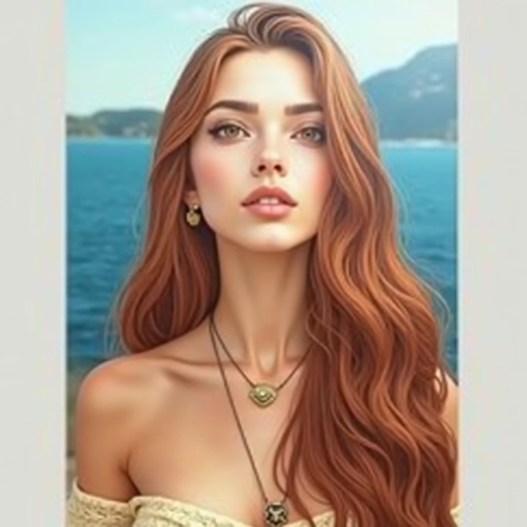 1 girl in, 19yearsold, standing alone, long hair, Colossal , looking ahead at viewer, russet hair, bared shoulders, eyes browns, jewerly, whole body, a necklace, off the shoulders, Sweaters, realisitic, A sexy