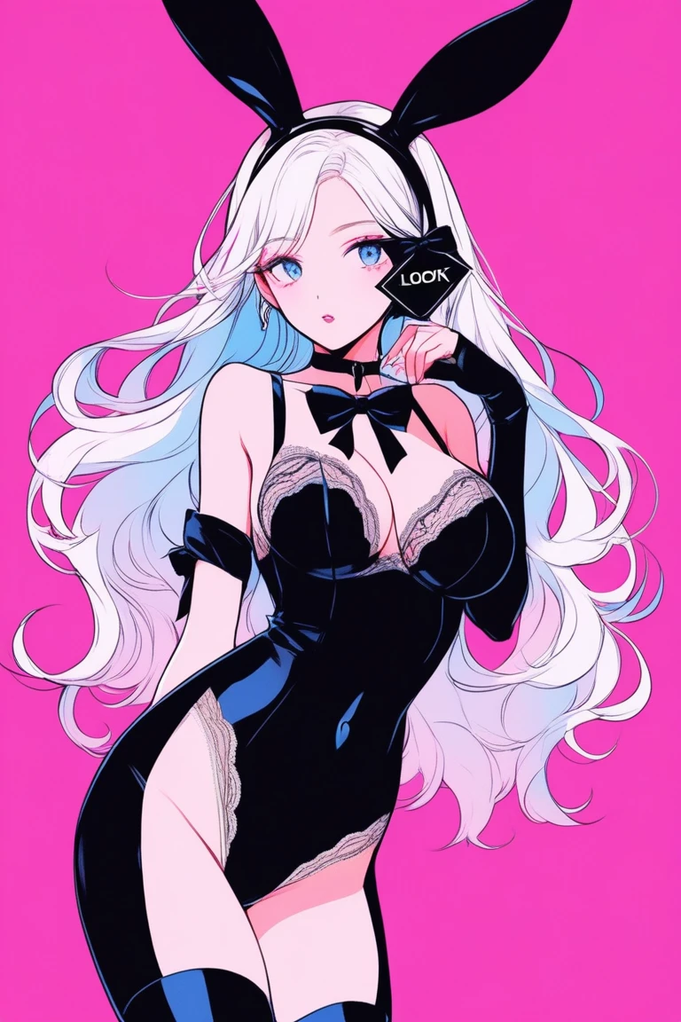 Illustrator, anime , Realistic ,sketch , 1 person, model, Age 25, lip, Sexy and revealing lace Playboy Bunny,Bunny ears, black Bunny ears, fake Bunny ears, pantyhose, black pantyhose,bow tie, Wrist cuff, White leotard, order, Blue and pink gradient background, Neon Long Hair, Big Breasts, Her cleavage is visible, (((look back))), Upper Body, Sexy look, Texture Trim, Russia, (masterpiece,Highest quality)