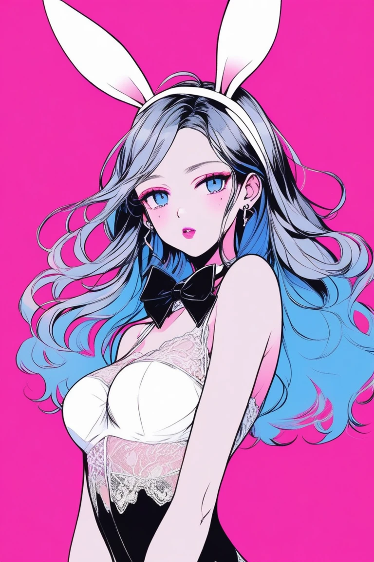 Illustrator, anime , Realistic ,sketch , 1 person, model, Age 25, lip, Sexy and revealing lace Playboy Bunny,Bunny ears, black Bunny ears, fake Bunny ears, pantyhose, black pantyhose,bow tie, Wrist cuff, White leotard, order, Blue and pink gradient background, Neon Long Hair, Big Breasts, Her cleavage is visible, (((look back))), Upper Body, Sexy look, Texture Trim, Russia, (masterpiece,Highest quality)