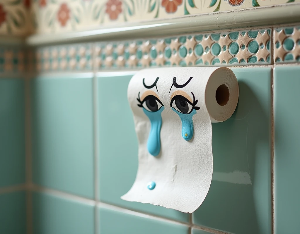 We need a toilet paper folded with weeping man eyessticker on it and hung on the wall aur vah jis wall se latka ho usper tailes lga ho